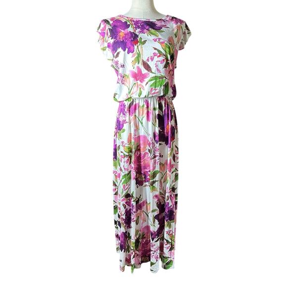 NEW Lascana Flutter Sleeve Flowy Viscose Midi Dress White Purple Pink Floral 8 - Picture 2 of 13